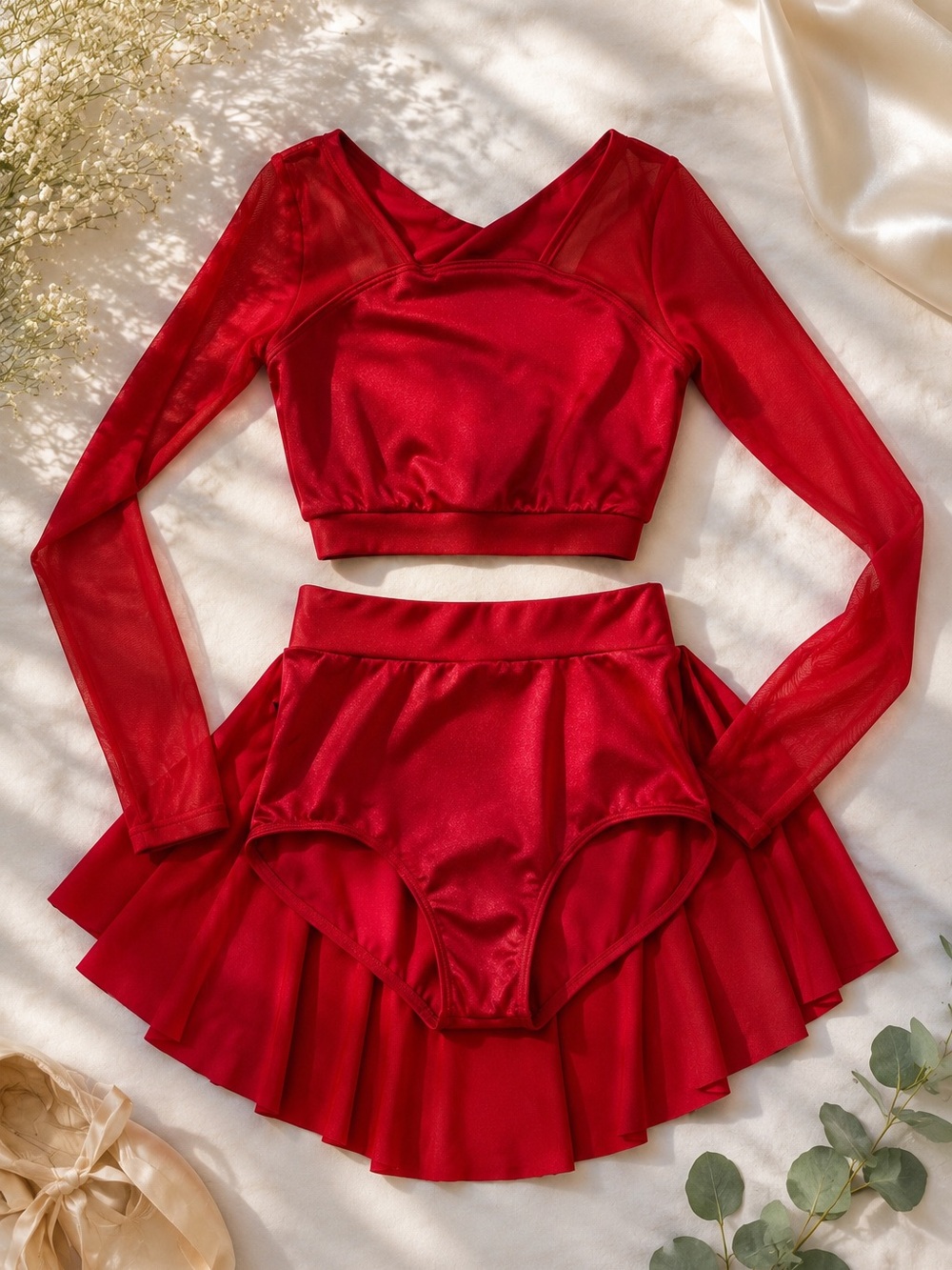 Weissman Red Dance Costume Set Mesh Crop Top Skirt Briefs Adult Small